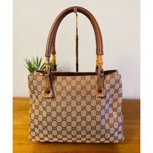 GUCCI Logo GG Canvas Bamboo Leather Large Tote Bag 💯 AUTHENTIC
